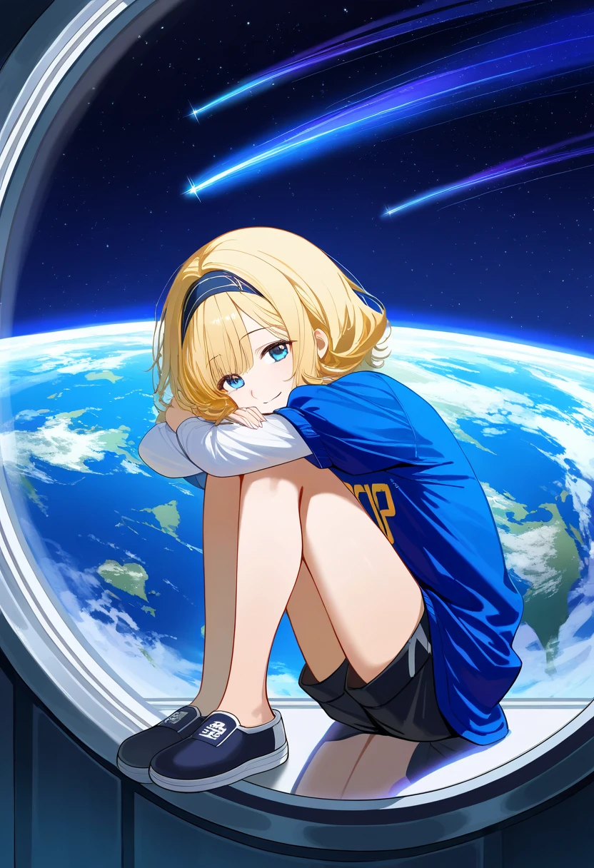 best quality, amazing quality, very aesthetic, absurdres, 1girl, arms on knees, blonde hair, blue eyes, blue shirt, earth (planet), flat shoes, hairband, hugging own legs, layered clothing, long sleeves, planet, porthole, puffy short sleeves, puffy sleeves, reflection, sci-fi shirt, shooting star, short sleeves over long sleeves, short sleeves, sitting, smiling, alone, space, space colony ark, space station, star (sky), window