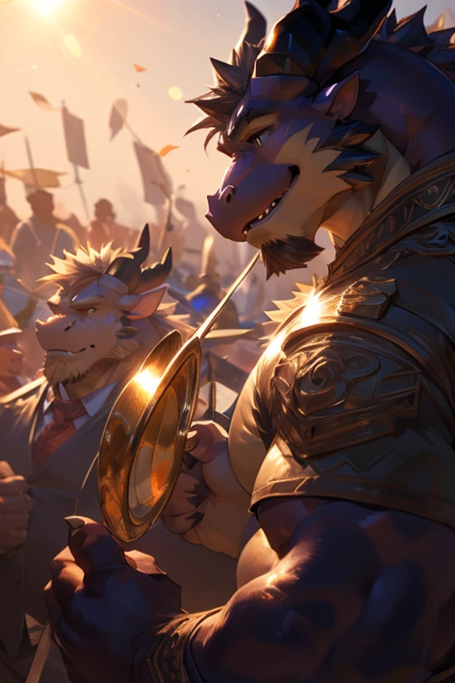 dragon, male,  unique ,  avoid eye contact with the audience, Handsome face, hair, trumpet,  careful eyes ,  Details Face , Multicolored Body , The right side, middle aged,  Sexy , 肌肉男, dad,male,Strong and burly , ( realistic shadows ,  Depth of Field , Broad field of vision,  lens flare , head shooting ), (by darkgem, By Chuni, by null-ghost),((Hypnosis)),SFW