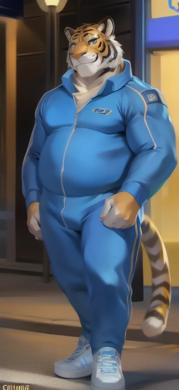 masterpiece, best quality, 8k resolution, Very detailed, hairy，tiger，((red hair))，muscle，Strong，超大muscle，((Hospital))，(((Purple pupils)))，For the audience，(((White coat)))，portrait，(((No clothes under the coat)))，(Highest quality scene)，(((Thong)))，(((Blushing)))，(((Hip bulge)))，(((Ultra clear eyes))，((Solitary))，((whole body))，(((Standing)))，((Mature))，(((Uncle)))，(((Orange fur)))，((Shame))，((Smile))