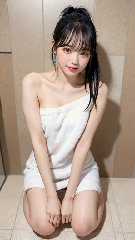 Cute idol-like face, perfect hands, Korean woman, white skin, Her hair is long and black with bangs., Reality Photography, Clear picture quality, fair skin, glowing skin, full body photo, Bathroom, Sleek and long legs, Top down view, naked towel, white towel, wet hair, wet body, high ponytail, kneeling, smile, blush