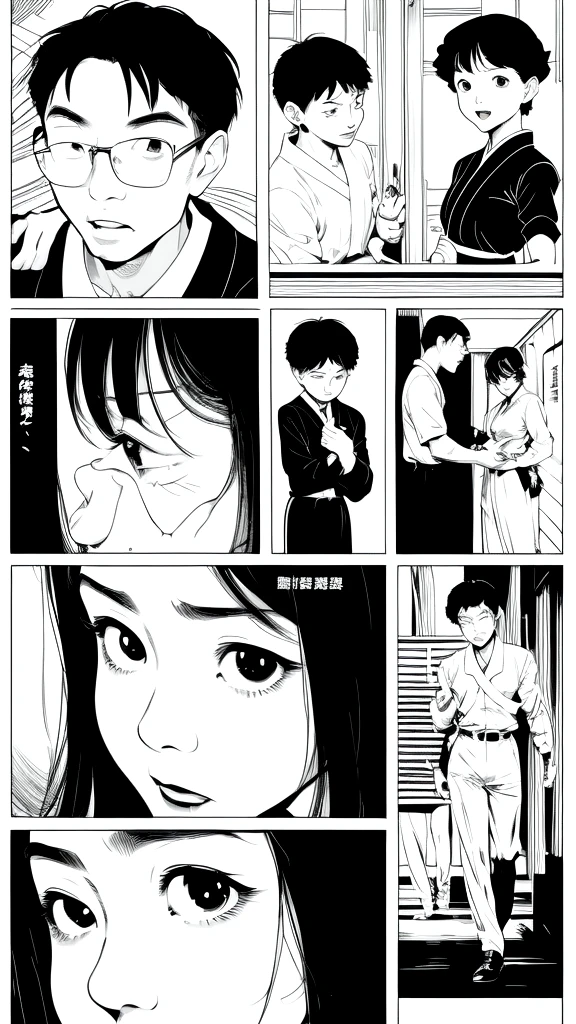 black and white cartoon 、Four-panel comic strip 、(    Masterpiece   ,    top quality:1.2),       chrome comics        、Japanese Manga    、   Chinese style comic       、Draw in 2 frames