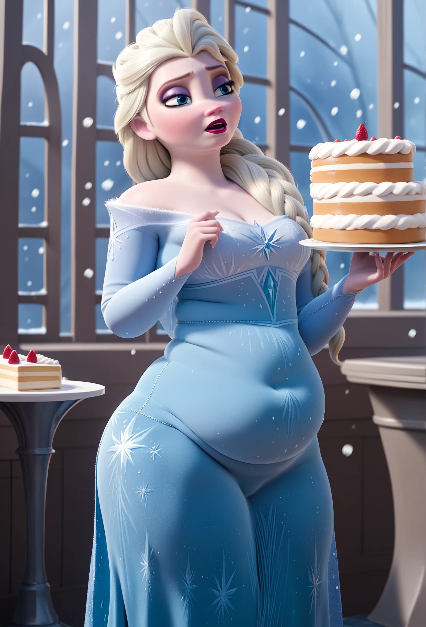 score_9, score_8_up, score_7_up, score_6_up, score_5_up, score_4_up, BREAK
1girl, elsa \(frozen\), Tall, prominent Neck,  gained some weight, and got plump, chubby belly, blonde hair, hair over shoulder, long hair, blue eyes, furrowed brow, 
makeup, blue dress top, tight skirt, half closed eyes, Surfeit to eat, red lips,
OverEating a cake, long nose, snowing, Arendelle  background  