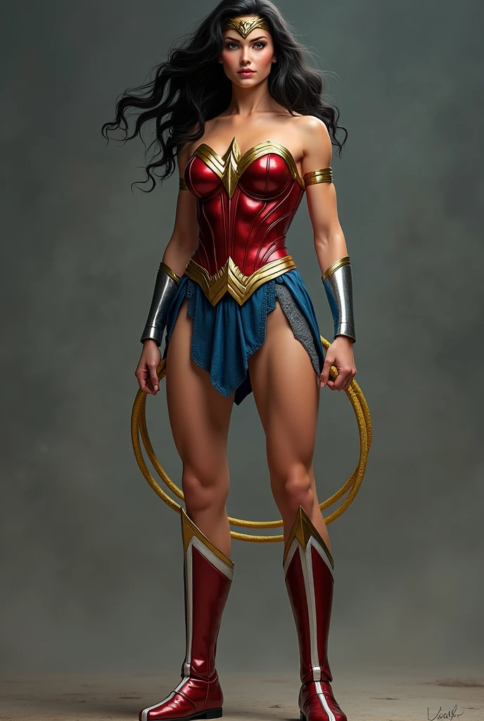 Wonder woman, Portrait photography by Altgerm, realism style, Glowing skin, Cartoon hero, Natural light, Defined lips, Strong physical strength, Feminine body, Full body, viewer, (Smile:1.2), Depth of field f/1.8, studio shot, (((looking in camera))), Camera orientation, Ellen von Unwert, (Sexy Pose:1.5))