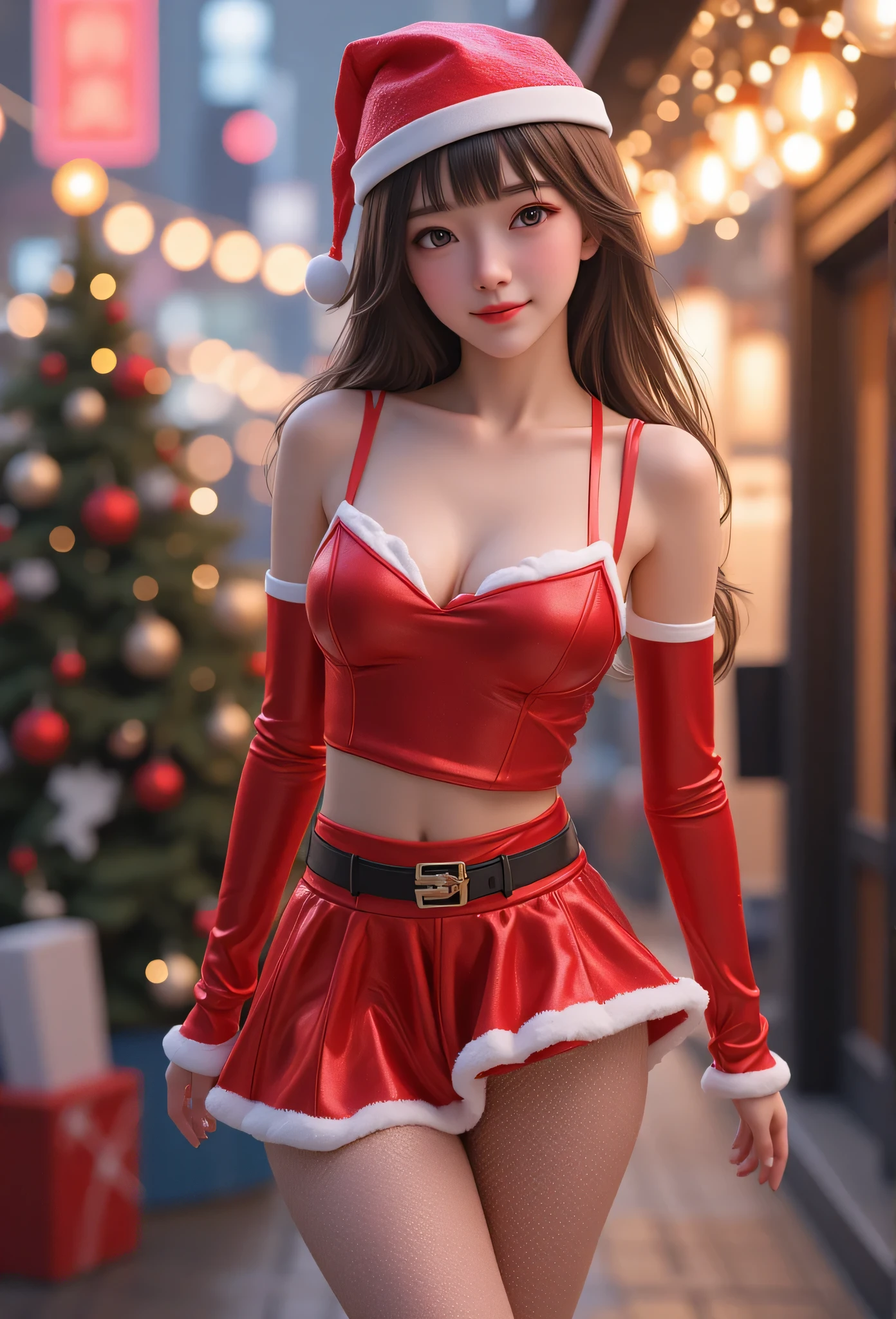 (super cute face:1.1),(sparkling clear attractive large glowing eyes:1.1), very beautiful cute japanese girl,(:1.2),fair skin,(happy cheerful smile),(professional photograph:1.4) , (super shiny metallic red santa costume :1.1),Walking,super smooth and very silky Brown straight hair ,christmas tree,christmas lighting,(santa mini skirt costume:1.1),in the street ,(super large fishnets pantyhose:1.3)
