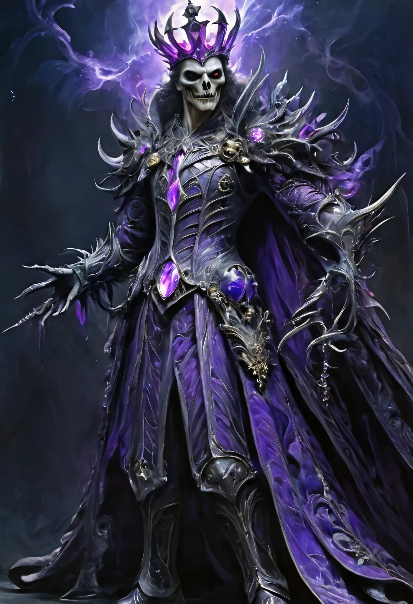 A surge of art, deep purple ink art, Detailed painting, skull woman with glowing purple crown and purple mantle, crazy evil smile, Dark Fantasy, surrealistic atmosphere, Luminous, UHD, dark vivid colors, In the style of horror fantasy, magic, Digital illustration, luminism, rim lighting