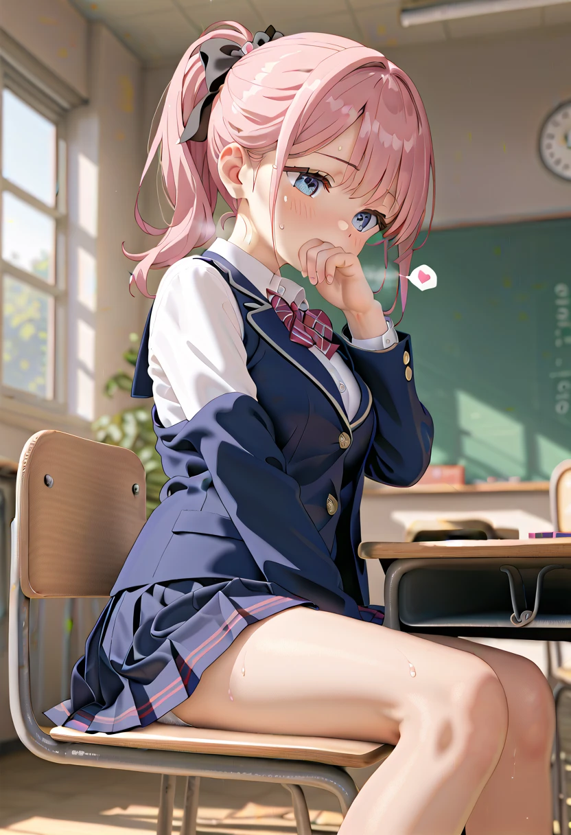 (masterpiece,beautiful,hughres,CG,8k,16k,best quality,high-resolution,detailed fingers,detailed hands,detailed legs,detailed eyes:1.5),from side,panties focus,1girl,Alone,(During class,classroom,school,School Chair:1.5),(School Chairに座る,Extend your legs on a chair:1.2),(school uniform,pink hair, ponytail,white shirt,blazer,ribbon,black tights,pleated skirt,black skirt:1.2),(white panties:1.2),large breasts,sitting,(Lean back,Lean on the back of a chair,reclining:1.1),(hand over own mouth, covering own mouth:1.2),(female orgasm,pussy juice:1.3),(trembling:1.4),(gasping,heavy breathing,blush:1.5),(impatience1.1),flustered,(fidgeting around:1.4),(steam:1.2),(sweat skin:1.4),(streaming tears:1.2),drooling,(looking down:1.4),(spoken heart:1.2),(narrow one's eyes:1.6)