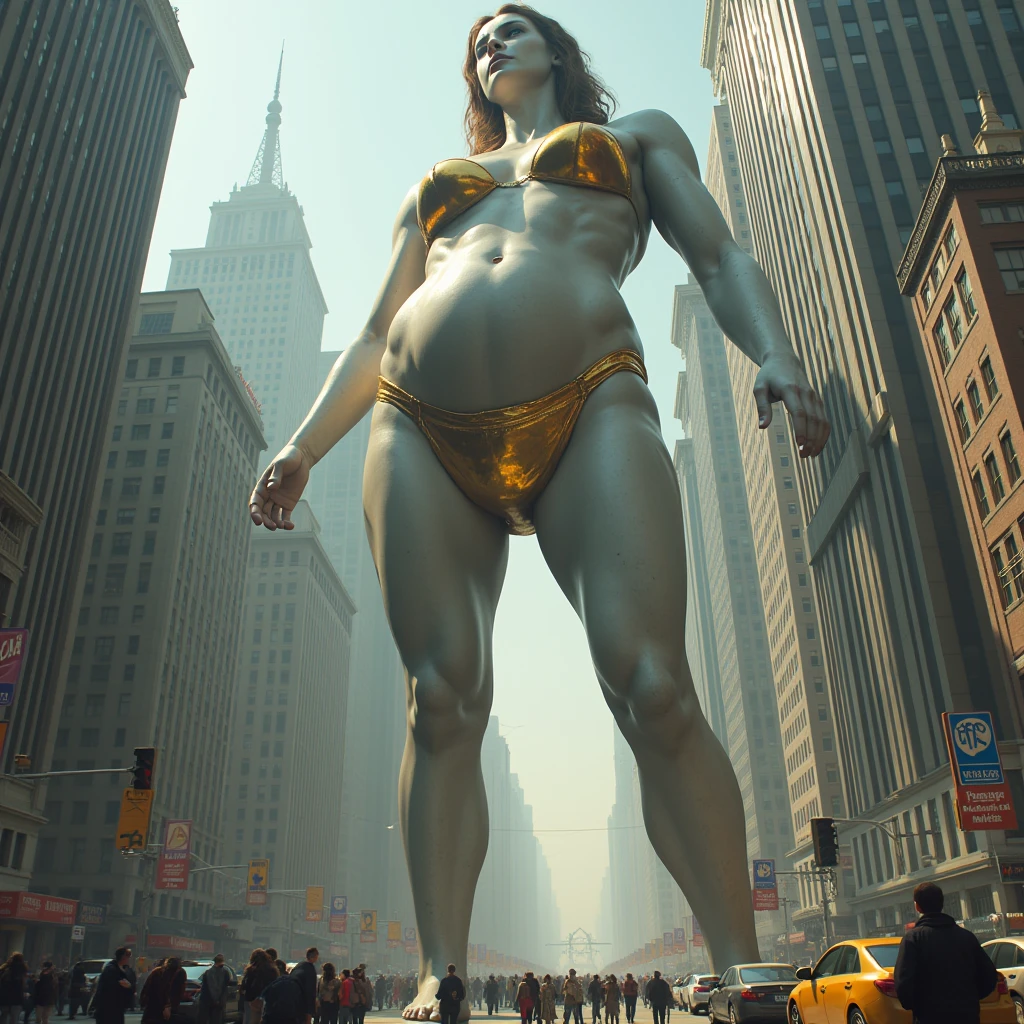 A Gigantic woman, (GTS, Gigantic, COLOSSAL attractive giant white latina female surrounded by miniature, tiny, miniscule, diminutive adult people who barely reach the giant woman's ankles)) her sexy face amused, looms over a cityscape, her fists clenched and ready to strike, FULL BODY SHOT MINIATURE PEOPLE PERSPECTIVE, giantess who looks like jenny Rivera with dark hair in her mid-30s, surrounded by miniature adult people who barely reach the giant woman's ankles)) Characterized by a voluptuous figure and a confident demeanor , the woman is dressed scantily clad animal print bikini that accentuate her physique, she is barefoot her sexy face amused, looms over a cityscape, her fists clenched and ready to strike, FULL BODY SHOT MINIATURE PEOPLE PERSPECTIVE