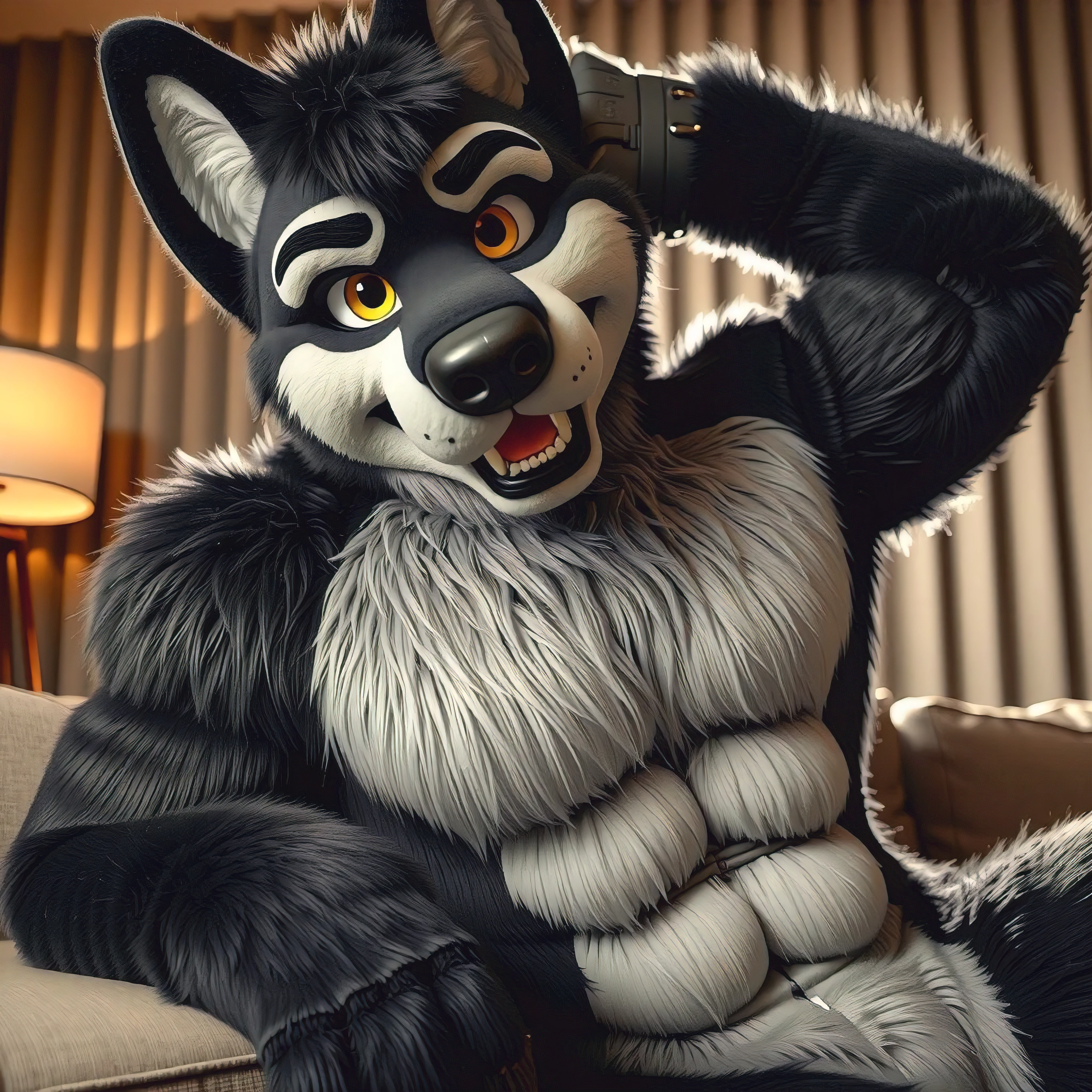 close-up portrait of Daniel (Terabruno), a 22-year-old muscular male wolf anthropomorphic fursuit character, with rich black fur and vivid yellow eyes. He is sitting confidently on a cozy sofa, looking directly at the viewer with a seductive yet approachable smile that radiates charm. His muscular physique is well-defined and showcased in a relaxed but striking posture. The fursuit fur is intricately detailed, with soft textures adding realism to his appearance. His captivating yellow eyes reflect a sense of allure, while his expression exudes both playfulness and confidence. The background is a comfortable, modern living room setting with warm lighting, making the scene feel inviting and intimate. The artwork is hyper-realistic, with high-definition detailing that emphasizes the character's physical features, giving it a polished, high-quality look. The final render remains SFW, focusing on elegance and beauty without being overly sexualized, wearing harness,,