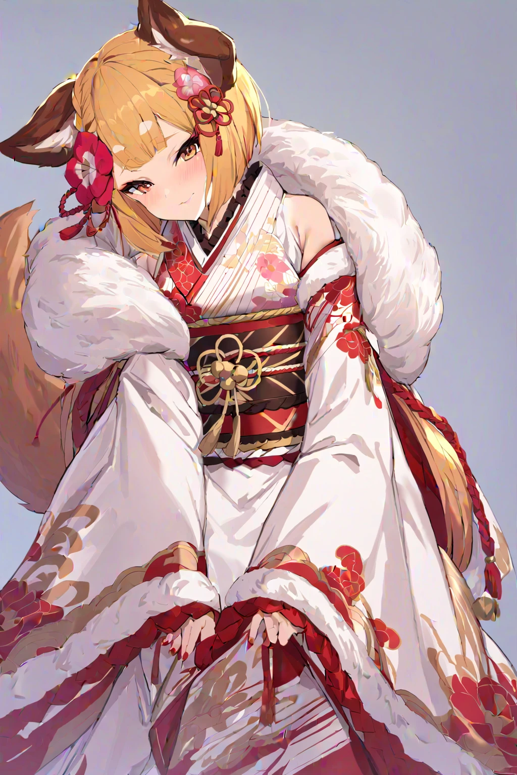 masterpiece, best quality, 1girl, vajrarr, dog tail, red hair flower, red nails, white obi, white kimono, japanese clothes, floral print, white detached sleeves, wide sleeves, long sleeves, fur trim, sash