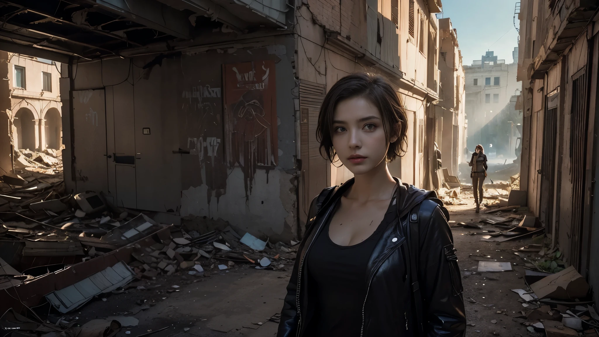 masterpiece, high resolution,8K,(Portrait Photos:1.5),(R Original Photo),Reality,Digital Photography,(Apocalyptic ruins ),City ruins，beautiful 20 year old woman，Short hair，sentry， post-apocalyptic scene， upper body photography ， open clothes 