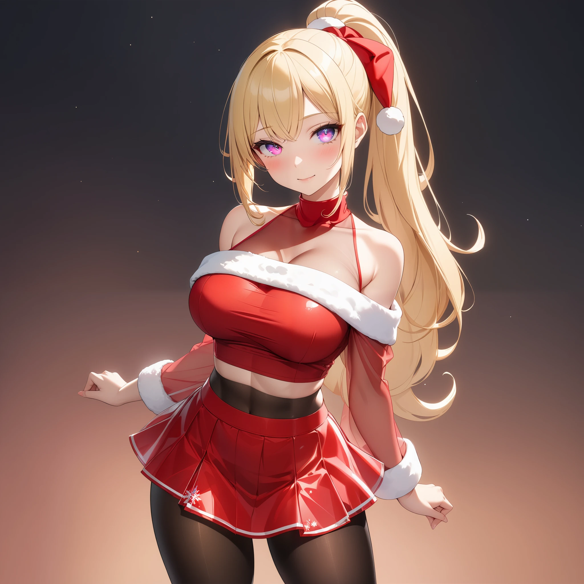 ((best quality)), ((masterpiece)), (detailed), perfect anatomy, highly detailed hands, highly detailed human ears, highly detailed face, highly detailed eyes, highly detailed nose, highly detailed mouth, highly detailed hair, highly detailed skin,a 1 girl,long straight blond hair,sky-blue eyes,athletic,self-confident smile,a single red rose as an hair ornament,coral color lipstick(Raw photo:1.2), (Photorealistic), Beautiful detailed girl, Very detailed eyes and face, Beautiful detailed eyes, Huge file size, High resolution, Very detailed, Best Quality, [masterpiece:1.6], Illustration, Very detailed, Fine detail, Best Quality, 32K Wallpaper, intricate details, long hair, side ponytail, hair ornament, ((Santa Claus Costume,micro mini skirt)), Sleeveless Bodysuit, thighs exposed, Smiling, Tongue out, Perfect, masutepiece, super-fine, (Best Quality), Physically-based rendering, extreme detail description, huge breast, exposed large cleavage, full body view, exposed naked thick thighs, well detailed hands and fingers, dancing
