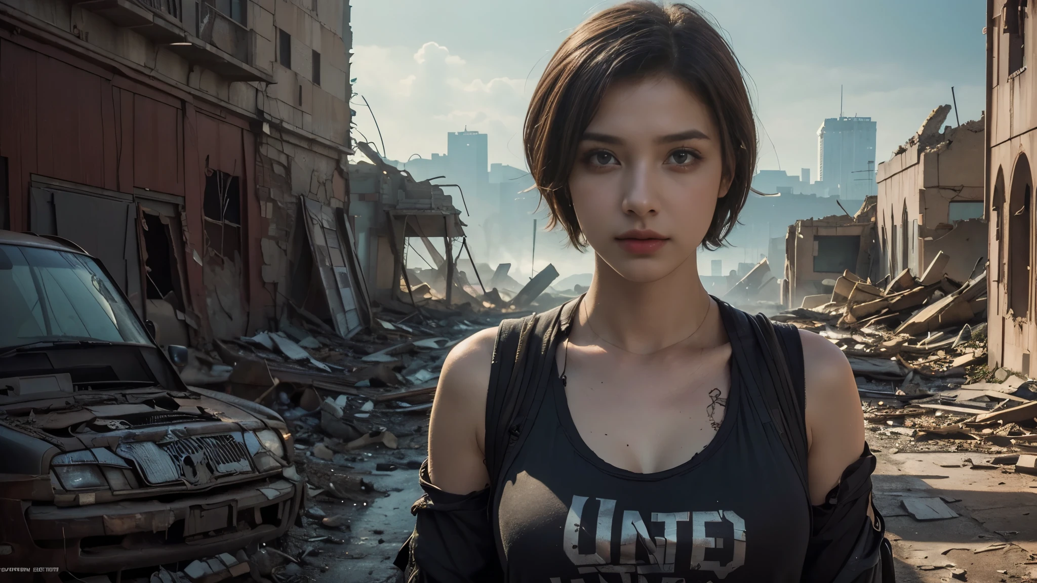 masterpiece, high resolution,8K,(Portrait Photos:1.5),(R Original Photo),Reality,Digital Photography,(Apocalyptic ruins ),City ruins，beautiful 20 year old woman，Short hair，sentry， post-apocalyptic scene， upper body photography ， open clothes 