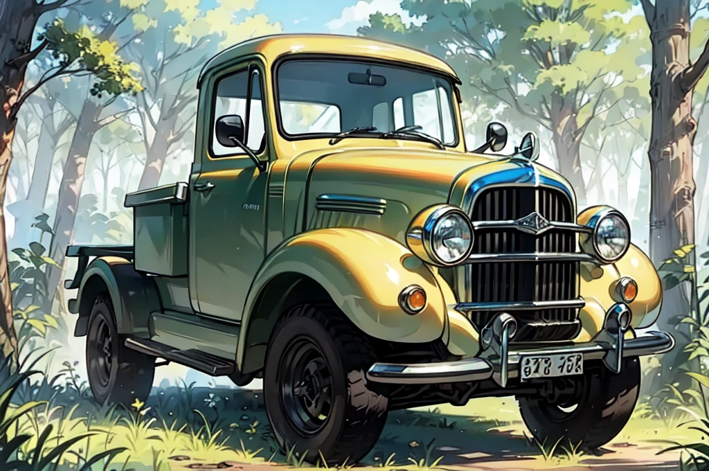 an old rusty truck in the forest，There are tires, abandoned vehicles, forgotten、lost in the forest, Highly detailed