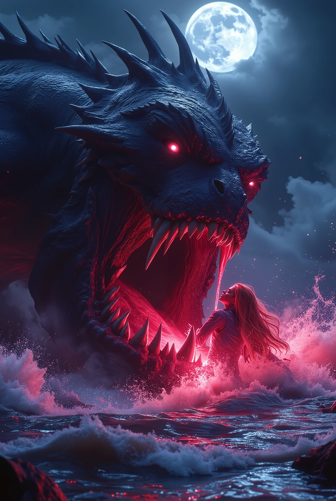 (Best Picture Quality,4K,8K,Hi-Res,Masterpiece:1.2),Ultra-Detailed,(Realistic,Photorealistic,Photorealistic:1. 37),A neon-colored, Gore,Eerie,Horror,Stormy Sea,Moon View,Sacrificed Princess Andromeda,The most beautiful princess in the world with blond hair and blue eyes,Giant monster appears from the sea,Kraken's mouth princess being dragged and torn apart, bloody bites, bloodied, dismembered bodies, shredded clothes, shattered crowns, deadly teeth, vicious mouths, hideous giant fangs, bloody saliva, torn flesh, dripping blood, bright red ocean water, brutal, dark atmosphere, nightmarish scenes, nightmarish nightmarish scene, nightmarish creature, horror movie scene, gruesome details, horror fantasy, horror art, horrific fantasy, nightmare fuel, horror movie poster, horror illustrator, monster lair, exquisite gore details, ominous lighting, demonic presence, vivid gore colors , anguish, torture, fate, (Amazingly powerful and realistic compositions by Greg Rutkowski:1.2), bokeh, depth of field, blur,