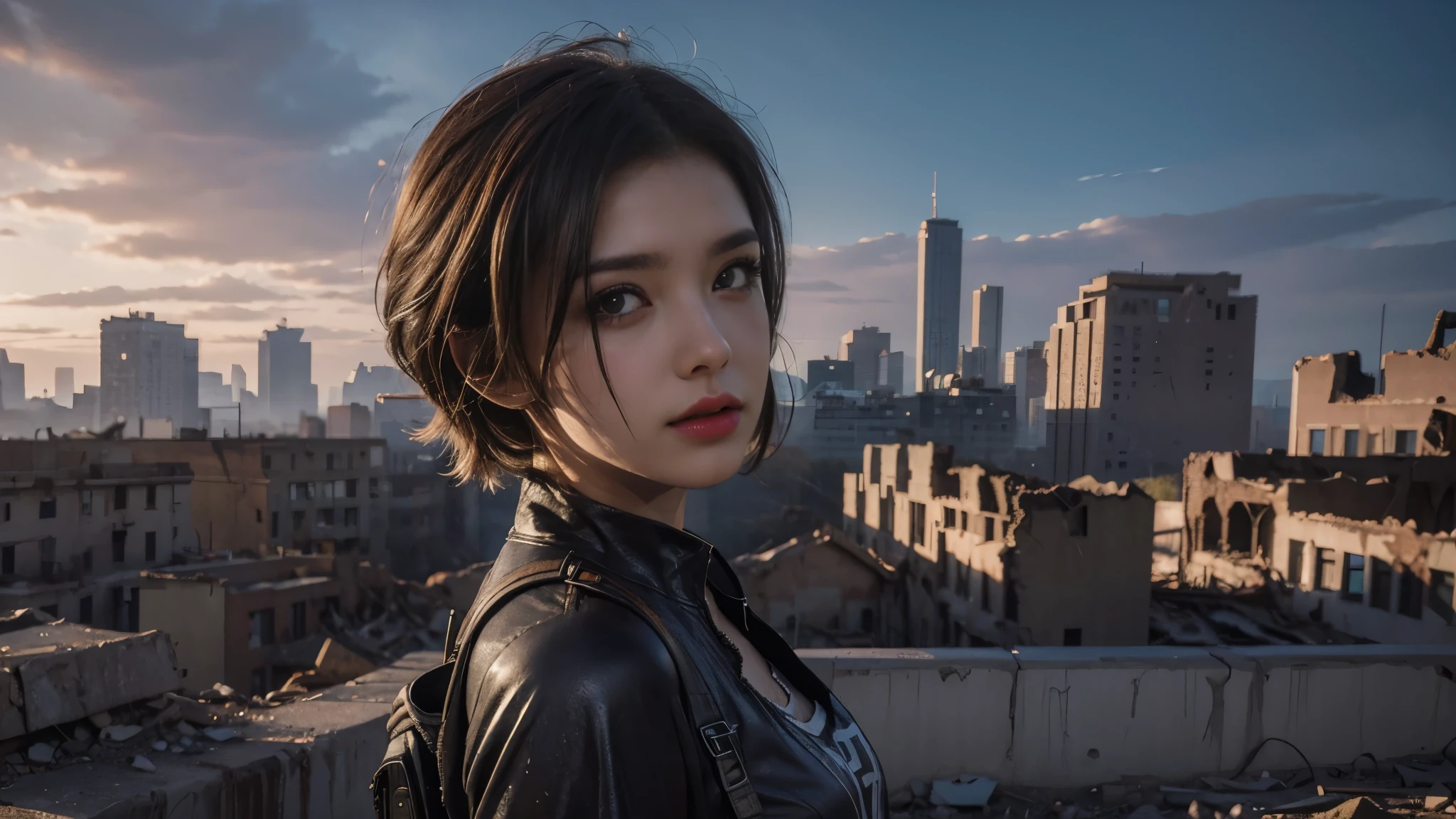 masterpiece, high resolution,8K,(Portrait Photos:1.5),(R Original Photo),Reality,Digital Photography,(Apocalyptic ruins ),City ruins，beautiful 20 year old woman，Short hair，sentry， post-apocalyptic scene， upper body photography ， open clothes 