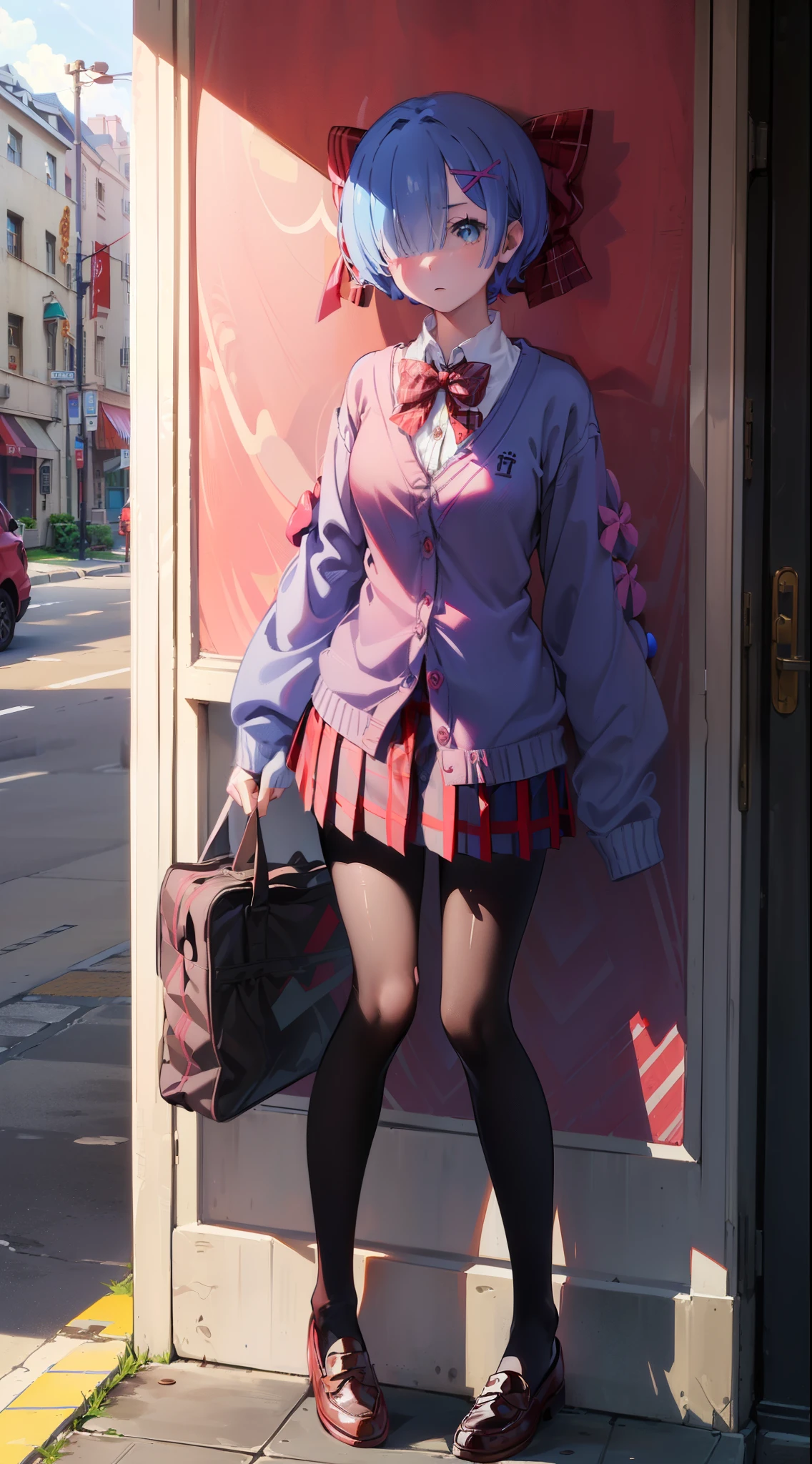 Backwards、 angle from below、Acme Face、Random pose、short hair、Blue Hair、、hair over one eye、、nsfw、Highest quality、1 girl、alone、、Sexy pose、Black panties are slightly visible、、
(School Uniforms:1.2), (pink cardigan is fit body:1.4), ((do up a buttons, not loose):1.5), ((long sleeve, sleeves past wrists):1.2), (inner wear is white collared-shirt:1.3), (red plaid-pattern bow:1.3), (red plaid-pattern pleated skirt:1.3), ((dark-brown pantyhose, loafers):1.2),In front of the coffee shop