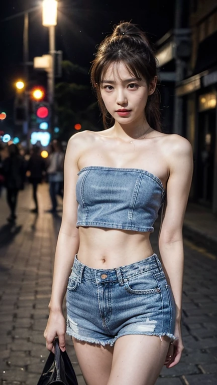 (Amazing photos of beautiful Japan women),
((very detailed, highest quality)),(realistic:1.2),8K,(High resolution),(Depth of bounds written:1.2),(character focus),perfect anatomy,(professional lighting),
(1 girl),(young),(raise your arms),
looking at the viewer,(walk),
((beautiful and fine eyes)),(narrow face:1.2),thick eyebrows,(Falling eyebrows),(we say:1.2),(Blue Eyeshadow),Big eyes,(brown eyes:1.3),
(smile),blush,(super dense skin),
(parted lips:1.1),(plump lips:1.2),(glossy lips),(Lipstick)
Braid,(medium black hair),(pulled back hair),((wide forehead)),(thin:1.2),
(ideal body proportions:1.1),(tall body:1.2),attractive thighs,Attractive waist circumference,
(flat chest:1.35), ( Visible even through clothes),(muscular:1.25),(Skin-tight clothing:1.3),
(High Cut Denim Shorts:1.4),(White tube top:1.3),(pubic hair:1.6),(bulge in crotch:1.45),
street,