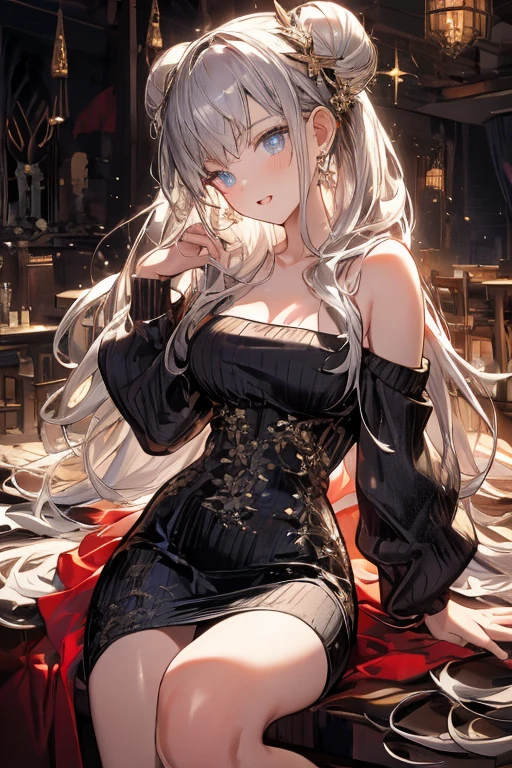 Illustration, detailed illustration, ultra detailed, dynamic angle, cowboy shot, 22 year old girl, beautiful, platinum blonde, long hair, wavy hair, cold blue eyes, pale skin, emotionless, disdainful, fancy restaurant, black formal dress, sitting, wearing engagement engagement ring, holding hand out to virwer, looking down at viewer 