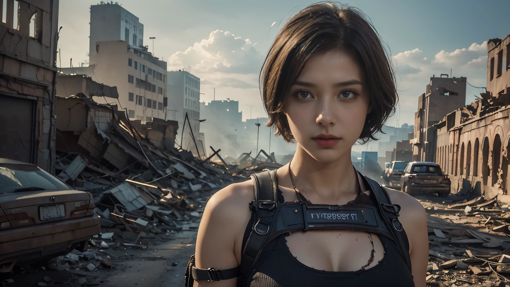 masterpiece, high resolution,8K,(Portrait Photos:1.5),(R Original Photo),Reality,Digital Photography,(Apocalyptic ruins ),City ruins，beautiful 20 year old woman，Short hair，sentry， post-apocalyptic scene， upper body photography ， open clothes 