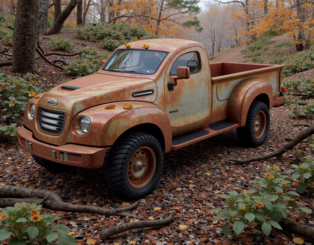 an old rusty truck in the forest，There are tires, abandoned vehicles, forgotten、lost in the forest, Highly detailed