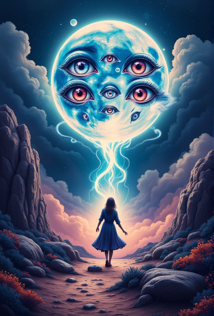 a detailed drawing of a full moon with many eyes, surreal and dreamlike, ethereal and mystical atmosphere, glowing moon with intricate eye patterns, otherworldly lunar landscape, rich textures, whimsical and imaginative, vibrant colors, deep shadows, dramatic lighting