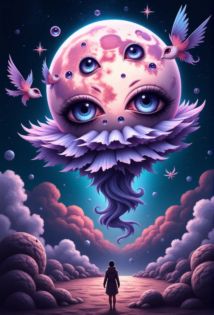 a detailed drawing of a full moon with many eyes, surreal and dreamlike, ethereal and mystical atmosphere, glowing moon with intricate eye patterns, otherworldly lunar landscape, rich textures, whimsical and imaginative, vibrant colors, deep shadows, dramatic lighting