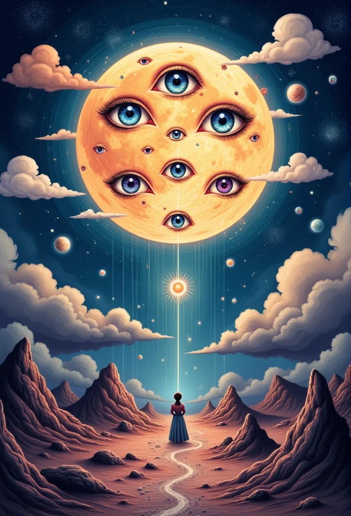 a detailed drawing of a full moon with many eyes, surreal and dreamlike, ethereal and mystical atmosphere, glowing moon with intricate eye patterns, otherworldly lunar landscape, rich textures, whimsical and imaginative, vibrant colors, deep shadows, dramatic lighting