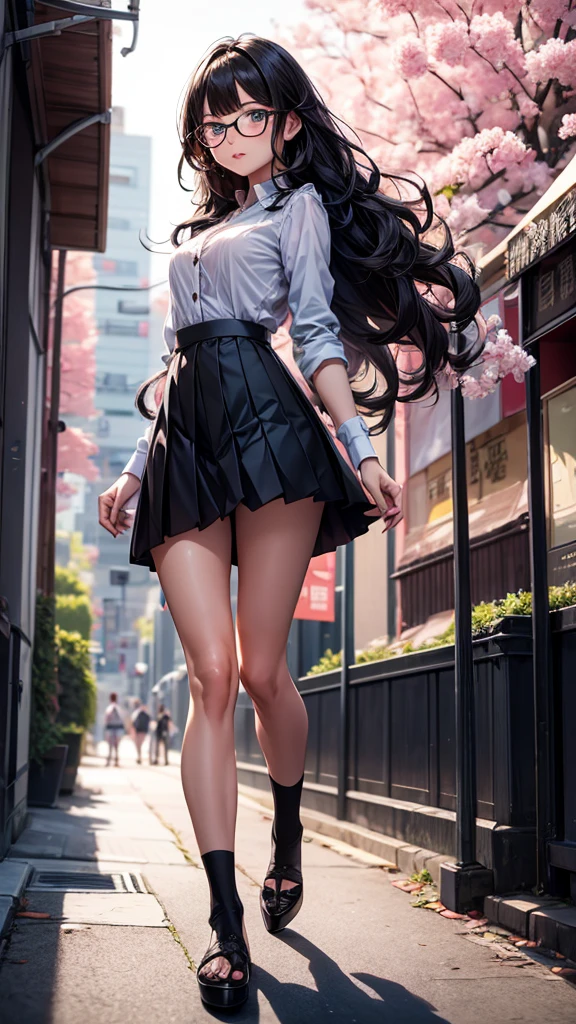 ((best quality)), ((masterpiece)), (detailed), (natural side daylight, movie lighting), 
((Turn your back to the camera)), whole body, 1 girl, Rear view, ((Japanese)), perfect body structure, Sexy body shape, Fair and glowing skin, Long hair fluttering in the wind, Extra long black curly hair, Delicate hair, Slender and natural legs, perfect feet繪畫品質, Exquisite finger painting quality, cute side profile, 
((symmetrical clothes, uniform, white collar shirt, Black pleated mini skirt，dark stockings, Dark student shoes)) , perfect feet, (Beautiful scenery), (outdoor breeze), Quiet Japanese city street, spring morning, Cherry tree, whole body影像, perfect composition, Prominent theme, eye level photography, Detailed depiction of environmental details, Depth of field control, less saturated colors