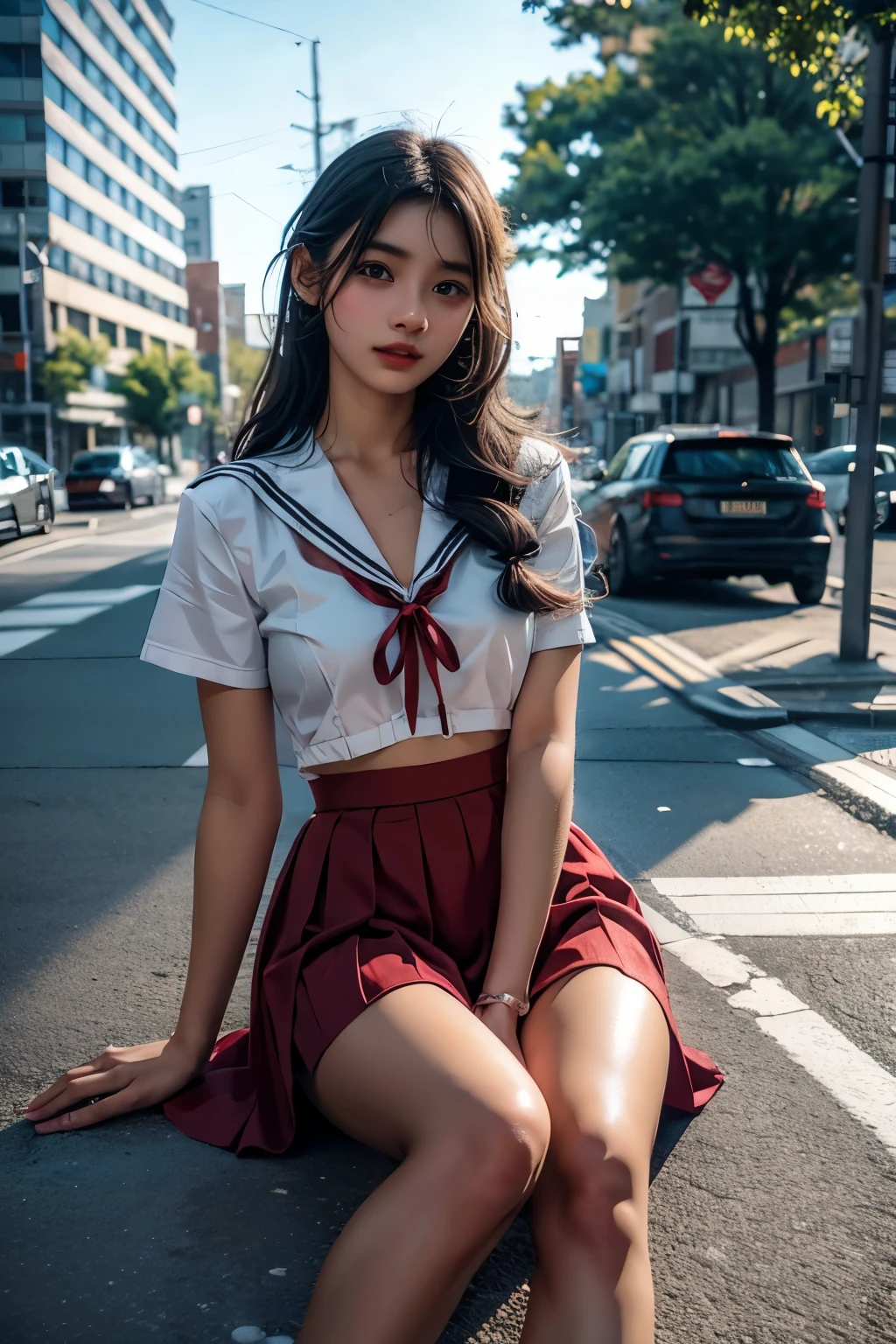  1 girl, high definition ,  High Quality ,  Masterpiece  , white sailor suit, red ribbon,  braided ,Super beautiful girl,dark skin, enchanting face 、 Highly Detailed Faces、 perfect face、golden balance,Professional photography,In the city, mini pleated skirt to hide crotch, is sitting on the ground
