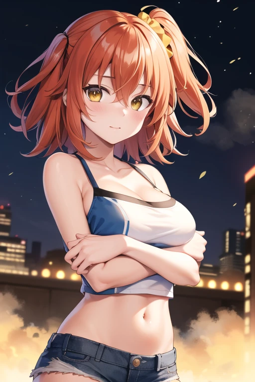 Fujimaru Ritsuka,short hair,orange hair,ahoge,((one side up:1.4)),hair between eyes,bangs,hair yellow scrunchie,yellow eyes,medium breasts,
camisole, bare shoulders, cleavage, crop top, cutoffs, denim shorts, midriff, short shorts, spaghetti strap,
1girl,(is embarrassing,big blush,closed mouth,steam:1.0),
((standing,cowboy shot,looking at viewer,breast hold:1.2)),
(night city background:1.0),clothed