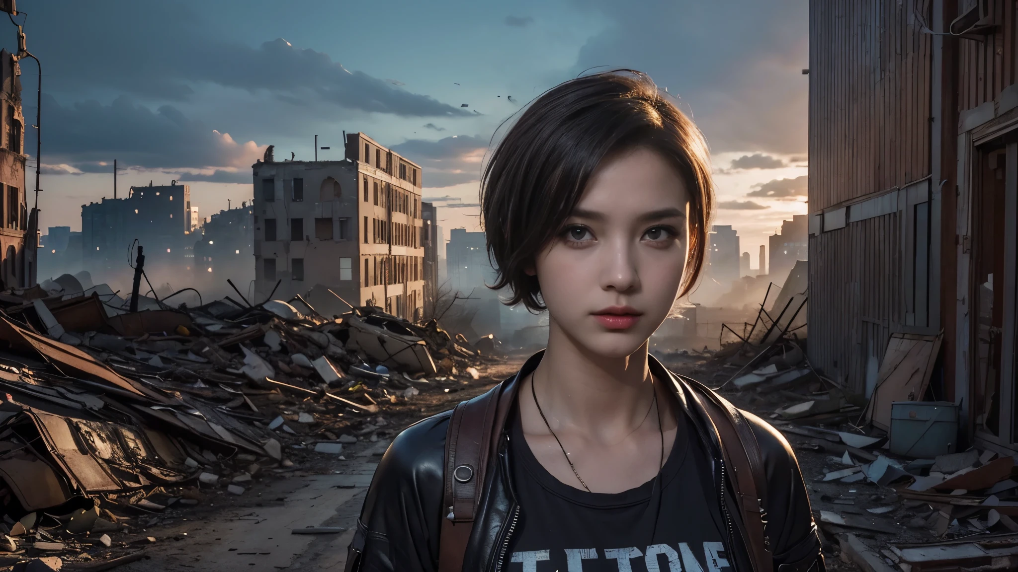 masterpiece, high resolution,8K,(Portrait Photos:1.5),(R Original Photo),Reality,Digital Photography,(Apocalyptic ruins ),City ruins，beautiful 20 year old woman，Short hair，sentry， post-apocalyptic scene， upper body photography ， open clothes 