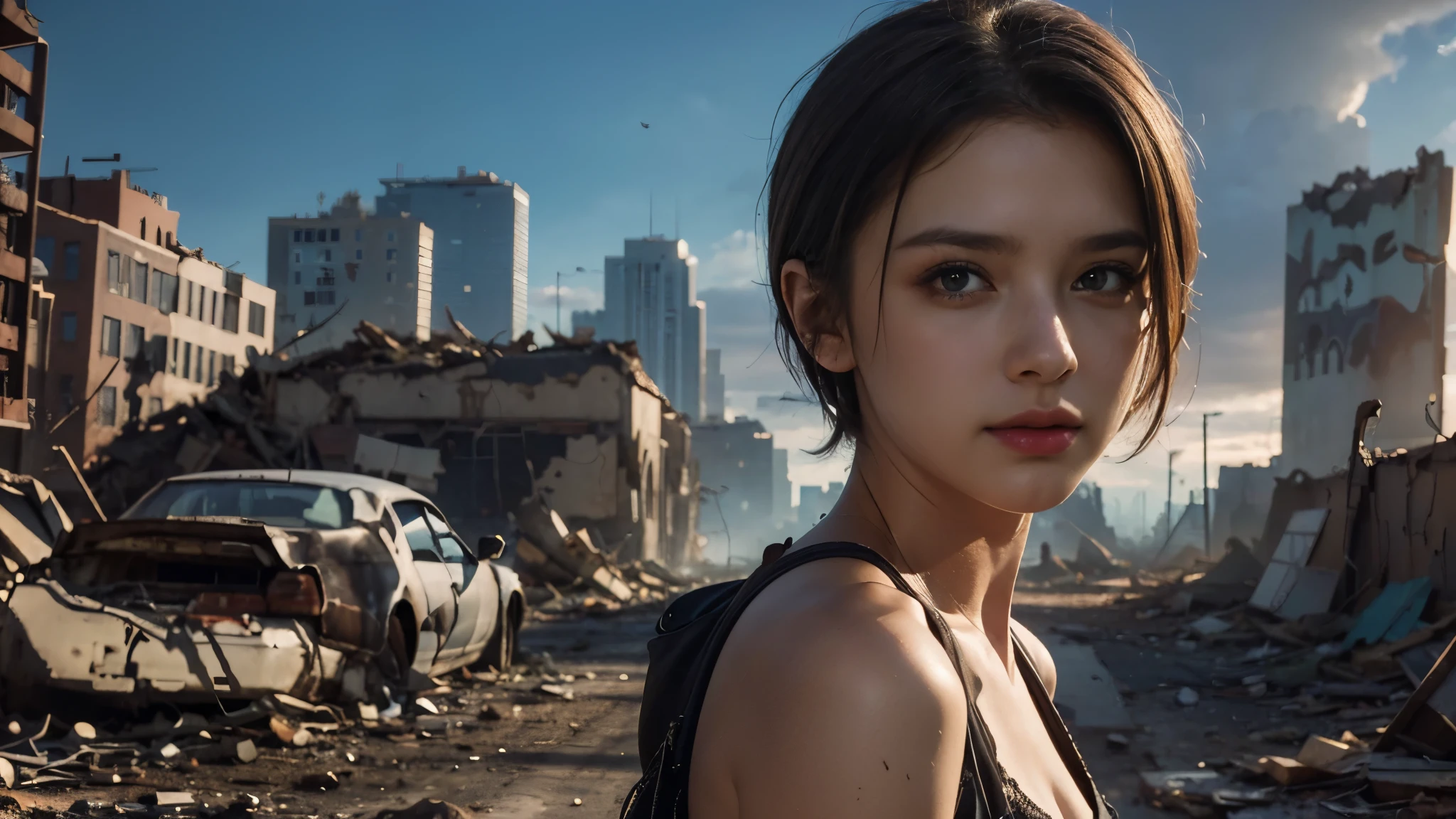 masterpiece, high resolution,8K,(Portrait Photos:1.5),(R Original Photo),Reality,Digital Photography,(Apocalyptic ruins ),City ruins，beautiful 20 year old woman，Short hair，sentry， post-apocalyptic scene， upper body photography ， open clothes 