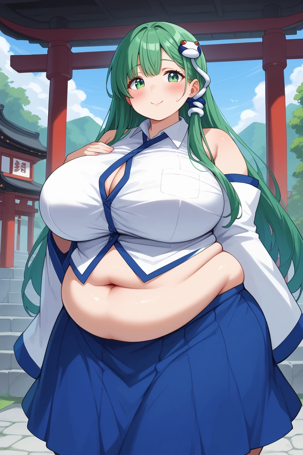 Sanae Kochiya, sanae kochiya,  long hair,  green hair,  green eyes,  Hair Tube, Snake hair ornament, collared shirt,  white shirt,  Detached Sleeves,  wide sleeve over mouth,  blue skirt,  ruffle skirt,  score_9,   score_8_up,   score_7_up,   score_6_up,   score_5_up,   score_4_up,     Masterpiece   ,   top quality,   very aesthetic,   absurd,   anime girl ,   one woman , Alone,  personal  ,  Super huge breasts, ((( super huge clevis, Super huge , Super huge boob))), Curvy,  chubby,  obese body type, blush, Shy woman,  stomach flesh sticking out of clothes,　 sloppy stomach , Shrine grounds,  I'm worried about the fat around my stomach,  fat mature, fat milf