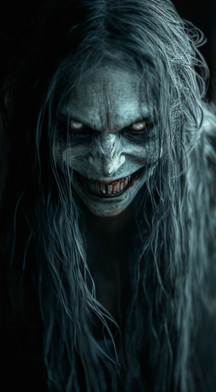 (best quality, masterpiece:1.2), On a black background, a very scary and grotesque-looking woman has a ghostly face with long flowing hair, smiling evilly and scaring people. ,ultra-realistic, cinematic, high detail