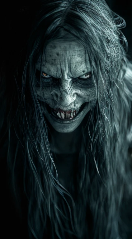 (best quality, masterpiece:1.2), On a black background, a very scary and grotesque-looking woman has a ghostly face with long flowing hair, smiling evilly and scaring people. ,ultra-realistic, cinematic, high detail