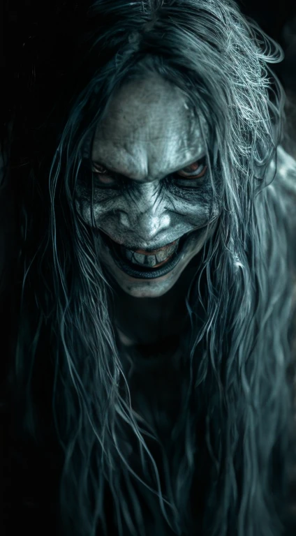 (best quality, masterpiece:1.2), On a black background, a very scary and grotesque-looking woman has a ghostly face with long flowing hair, smiling evilly and scaring people. ,ultra-realistic, cinematic, high detail