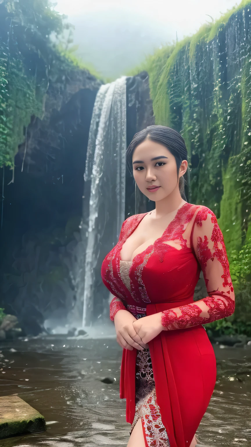 RAW, Best quality, high resolution, masterpiece: 1.3), beautiful Thai woman, Masterpiece, rain, perfect wet soaked body, wet clothes, (huge breasts:1.3), cleavage cutout, open breast, black chignon hair, open stand, realistic, dark hairy pussy, Soft smile, thick thighs, she is about 20 years old, pale white skin, wearing a sexy red kebaya short dress, ((whole body)) turning away facial at viewer, closeup, heavy mountains, misty, fog, woman standing in the waterfall