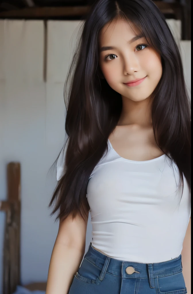 ((masterpiece)),(detailed),(perfect face),(thin),((sexy long legs)),((beautiful legs)),(slim),((full body:1.2)), ((boob flash)),((slip)),(horny smile),((very sexy emotional face)),((very long straight hair)),(looking at viewer),(black hair),((trained body)),((smiling)),(top-quality),(Photo realsitic:1.4),Raw photo,((-olirl)),(((Random hair)),(((Take different poses))),glowy skin,(Happiness:1.2),((she wears blue denim short-pants:1.5),((portrait)),(close up shot), ((white plain t-shirt:1.5)), ((in dark shabby Thai barn:1.5)), ((only moonlight:1.2)), ((standing beside the bed:1.2)), Thai script in background, ((detailed cute face:1.5)), ((14-yohaiirl:1.5)), ((long beautiful legs:1.5)), nsfw, beautiful thigh