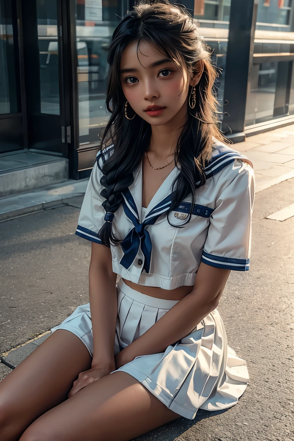  1 girl, high definition ,  High Quality ,  Masterpiece  , white sailor suit, red ribbon,  braided ,Super beautiful girl,dark skin, enchanting face 、 Highly Detailed Faces、 perfect face、golden balance,Professional photography,In the city, mini pleated skirt to hide crotch, is sitting on the ground
