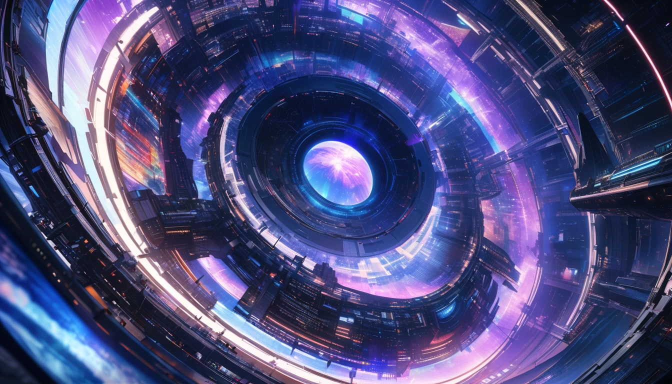 An ultra-realistic scene depicting the journey from Earth to a futuristic space station through a warp hole, The image features a sleek spaceship departing from Earth entering a swirling tunnel-like warp hole that glows with hues of deep blue and purple, At the end of the warp hole a magnificent space city is visible illuminated with vibrant lights, The composition captures a sense of wonder and discovery with intricate details in the spacecraft the dynamic colors of the warp hole and the futuristic architecture of the space city, The scene combines the tranquil beauty of Earth from space with the mystic allure of interstellar travel, award winning, super detail, high details, UHD, masterpiece, accurate, retina, 16k, highres