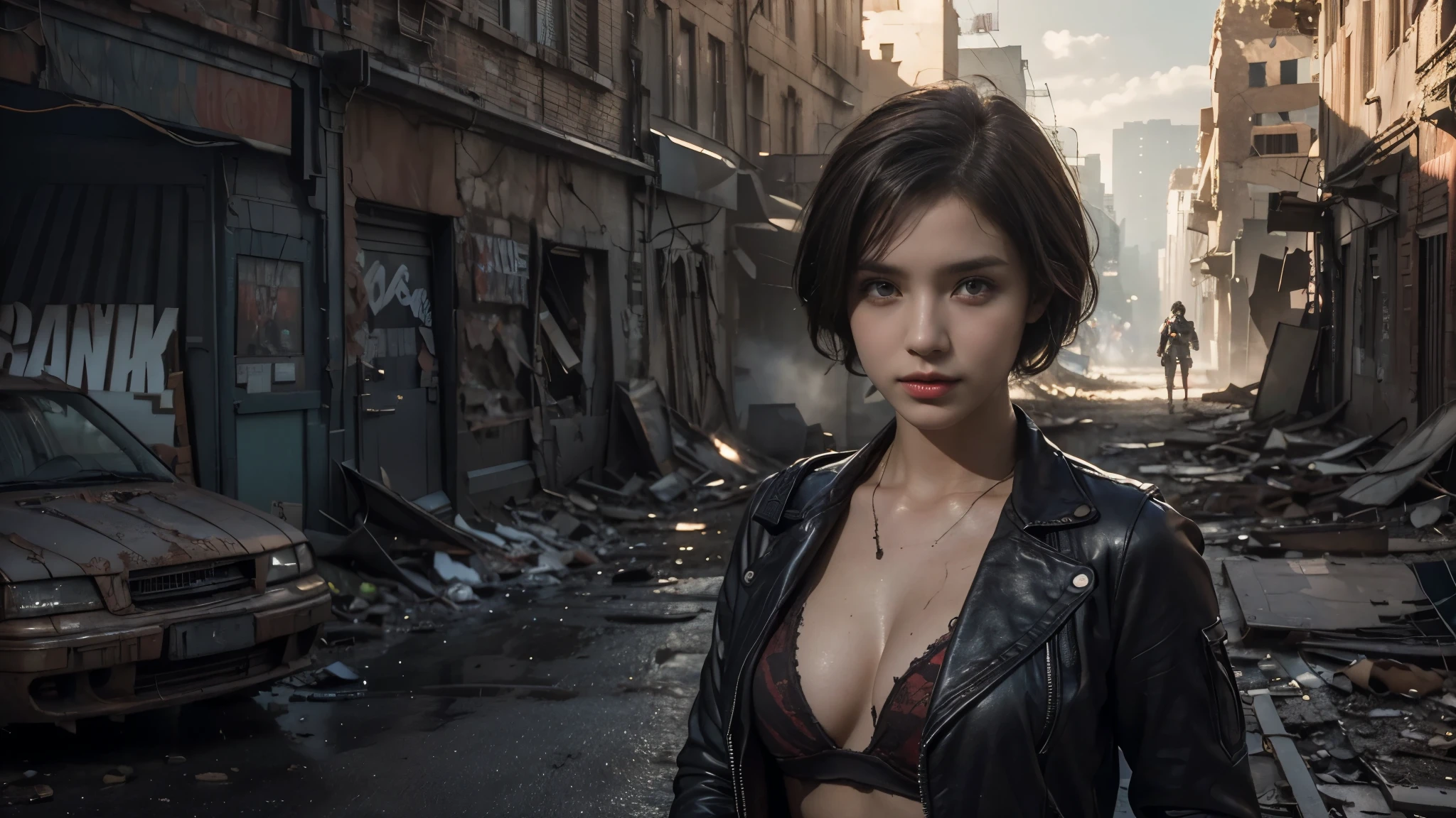 masterpiece, high resolution,8K,(Portrait Photos:1.5),(R Original Photo),Reality,Digital Photography,(Apocalyptic ruins ),City ruins，beautiful 20 year old woman，Short hair，sentry， post-apocalyptic scene， upper body photography ， open clothes 