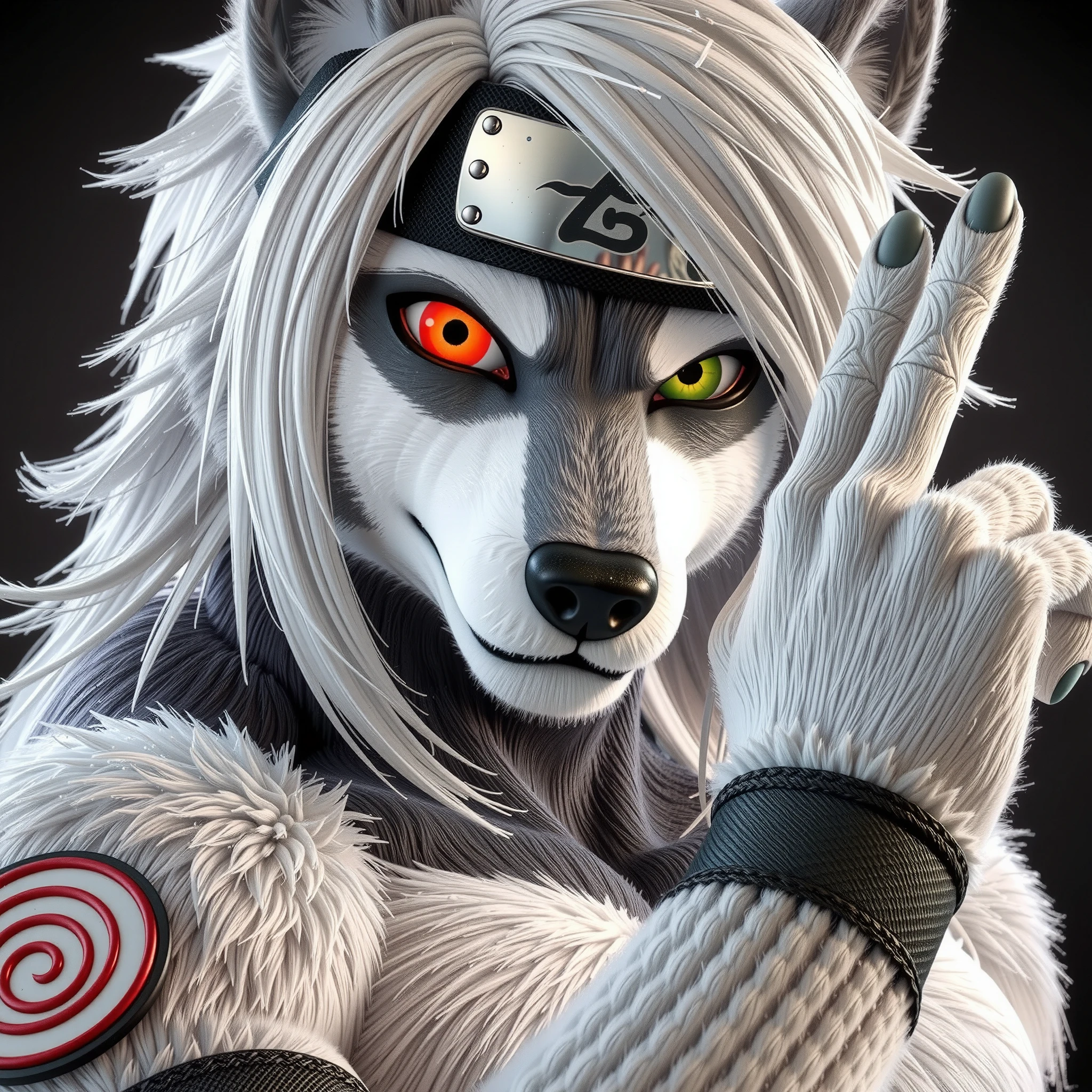 highly detailed 3D artwork of a muscular adult male wolf fursuit character, inspired by Kakashi from Naruto, featuring the iconic Sharingan eye. The character has sleek, detailed white fur with a striking red Sharingan eye, radiating intensity and power. His muscular build is emphasized with a strong, heroic pose, blending elements of strength and mystery. The fursuit's craftsmanship is ultra-detailed, showcasing realistic fur textures, intricate facial features, and lifelike proportions. The scene is set in a dramatic, cinematic atmosphere with high-quality lighting that highlights every contour of his physique and the vivid red glow of the Sharingan. The render is ultra-cinematic, hyperrealistic, and created in ultra HD 8K resolution, bringing a real-life, photorealistic, and immersive quality to the artwork. The background complements the character with a dark, atmospheric setting, adding depth and intensity to the overall composition,