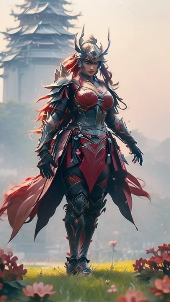 A sexy female character wearing red armor as a warrior from the Warring States period、((Medium long hair))、((Cherry red hair))、((toned body))、(glistening skin)、 tight body、((mega breasts 1.8))、 plump breasts 、 plump thighs 、The red armor engraved with azalea flower pattern is a bikini-type design that emphasizes the exposed breasts、( Wearing a cape with azalea flower pattern)、garter skirt
、White shin guards engraved with azalea flowers、Red high-cut underwear、Red tights、 absolute domain、(())、((acrobatic pose))、Dramatic lighting、A glorious hill with the rising sun、Big Asahi 、((Azalea flowers in full bloom are blooming in the background))、((Large azalea flowers in full bloom are blooming on the front))、 cinema-like scene 、((Background Japanese Satuki azalea)) 、((foreground　Japanese Satuki azalea))、 Max Image、 Ultra High Definition、8k