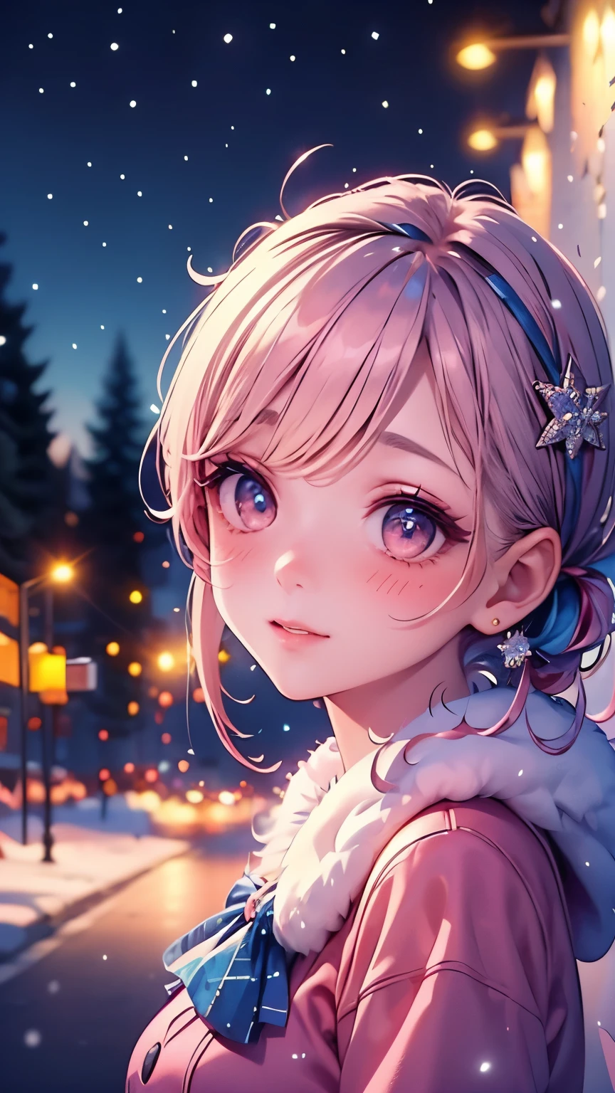  1 girl,  high definition ,  Receives Many Awards ,  very detailed ,  blush,  eyes sparkle,  long eyelashes,  and get out of the screen,  closeup , Hair ties,  star hair accessories ,  glitter effect , Blur,  lens flare,  8k octane , Artistic,  super detailed,  gentle colors,  soft light , snow,night, illuminations, Christmas, private clothes,Winter clothing,
