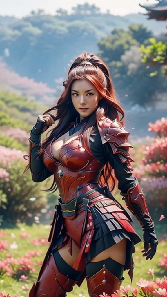 A sexy female character wearing red armor as a warrior from the Warring States period、((Medium long hair))、((Cherry red hair))、((toned body))、(glistening skin)、 tight body、((mega breasts 1.8))、 plump breasts 、 plump thighs 、The red armor engraved with azalea flower pattern is a bikini-type design that emphasizes the exposed breasts、( Wearing a cape with azalea flower pattern)、garter skirt
、White shin guards engraved with azalea flowers、Red high-cut underwear、Red tights、 absolute domain、(())、((acrobatic pose))、Dramatic lighting、A glorious hill with the rising sun、Big Asahi 、((Azalea flowers in full bloom are blooming in the background))、((Large azalea flowers in full bloom are blooming on the front))、 cinema-like scene 、((Background Japanese Satuki azalea)) 、((foreground　Japanese Satuki azalea))、 Max Image、 Ultra High Definition、8k