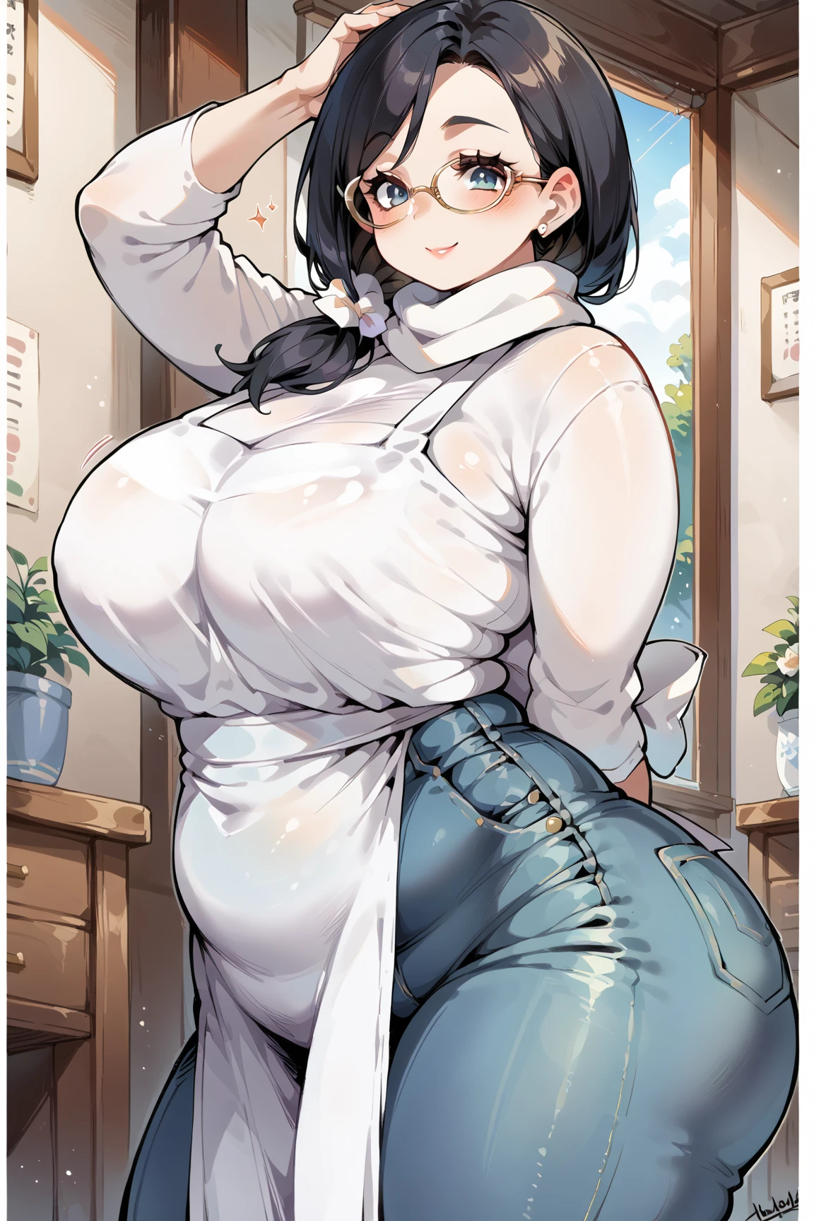  score_9,  score_8_up,  score_7_up, Anatomically Correct 、Accurate human body solo , mature woman、40s、 ridiculously big breasts、 very big butt、 plump 、 chubby、 nasolabial fold 、Smile、Glasses、 white shirt、jeans、 White Apron 、 white scarf、thickass、mature female, milf, motherly
