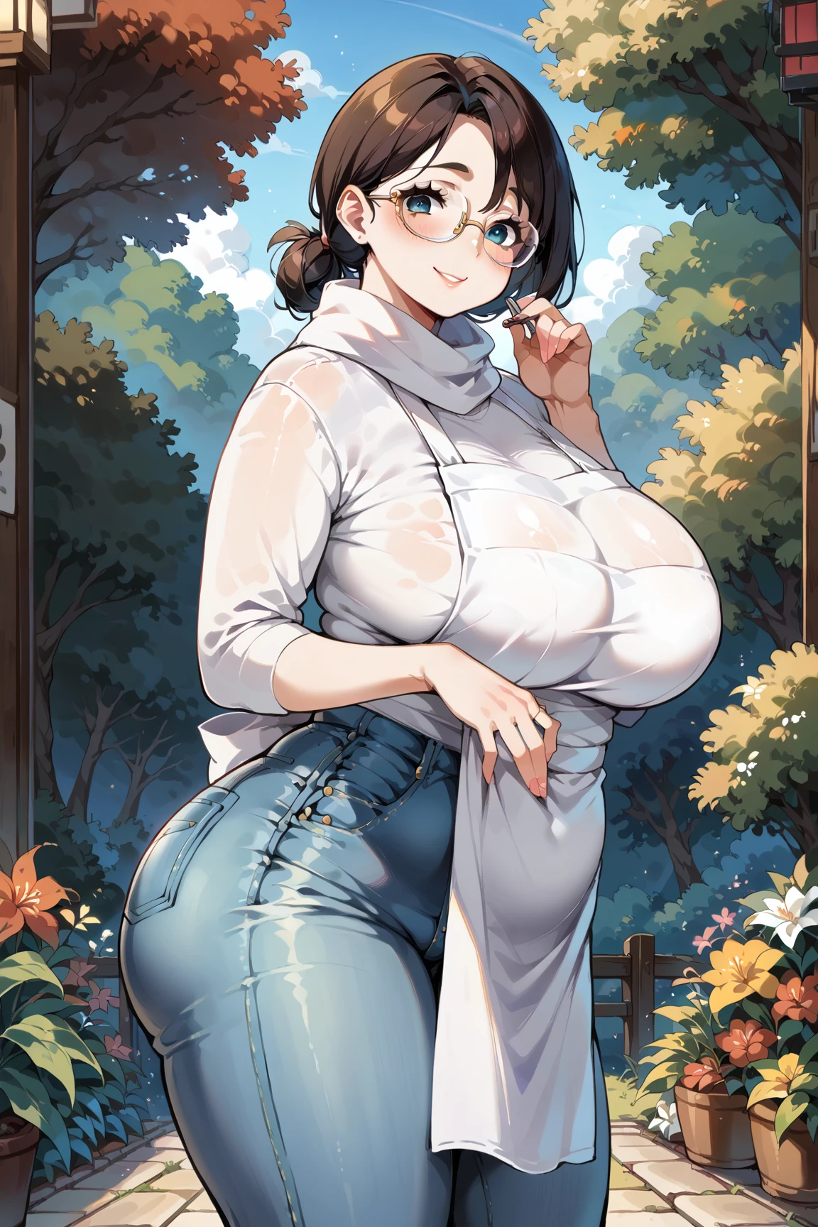  score_9,  score_8_up,  score_7_up, Anatomically Correct 、Accurate human body solo , mature woman、40s、 ridiculously big breasts、 very big butt、 plump 、 chubby、 nasolabial fold 、Smile、Glasses、 white shirt、jeans、 White Apron 、 white scarf、thickass、mature female, milf, motherly
