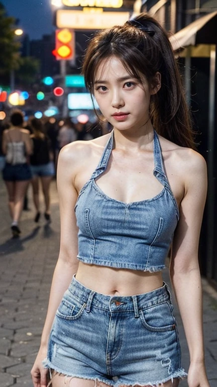(photorealistic:1.8),(bokeh:0.3),((((film grain)))),(masterpiece:1.2),(highest quality:1.2),8k,raw photo,High-quality texture,detailed texture, Girl in thin low cut camisole and tight denim shorts poses for photo、full body Esbian、Cropped T-shirt、bra very、Slim body、(large breasts, cleavage)、Slim Girl Model、24歳の女性モデル、Beautiful body Highly detailed face Facing the front Navel out See all Lower abdomen showing a beautiful belly Pink Too torn denim shorts Shabby denim shorts Thigh exposure Shabby string camisole Only the strings are too short camisoles Denim shorts that are too short genitals are visible Low-rise denim shorts Micro Denim Shorts Scanty Denim panties Show all your beautiful body