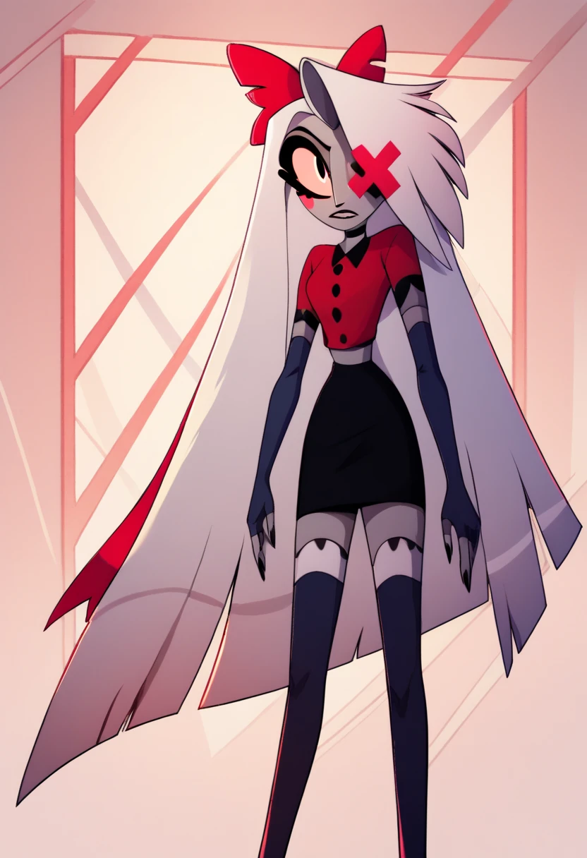  (masterpiece, best quality,xvaggiex, white hair, very long hair, hair bow, colored sclera, hair over one eye
red shirt, crop top, black skirt, thighhighs, elbow gloves, fingerless gloves hazbin hotel, Cartoon 