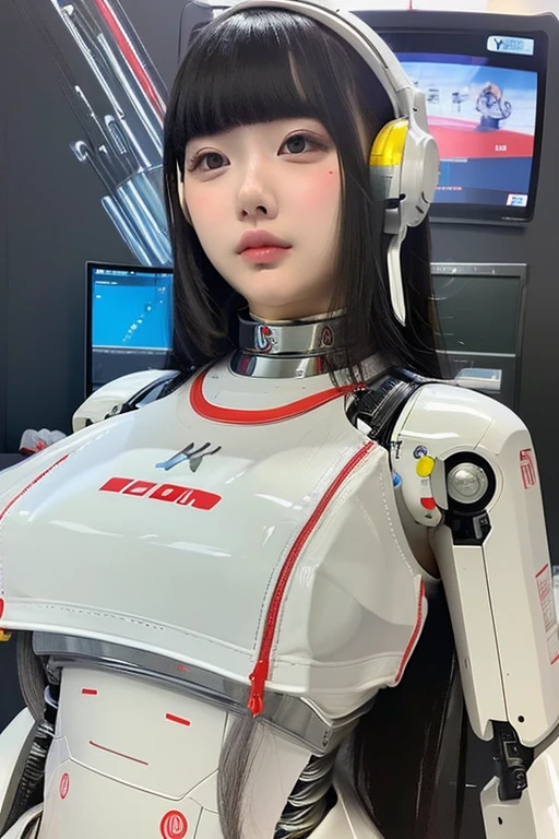 masterpiece, best quality, extremely detailed, Japaese android girl,Plump , control panels,android,Droid,Mechanical Hand, Robot arms and legs,Blunt bangs,perfect robot girl,long tube,thick cable connected her neck,android,robot,humanoid,cyborg,japanese cyborg girl ,future laboratory,robot laboratory,maintenance,connecting a cable between the legs,skirt, She is charging now,